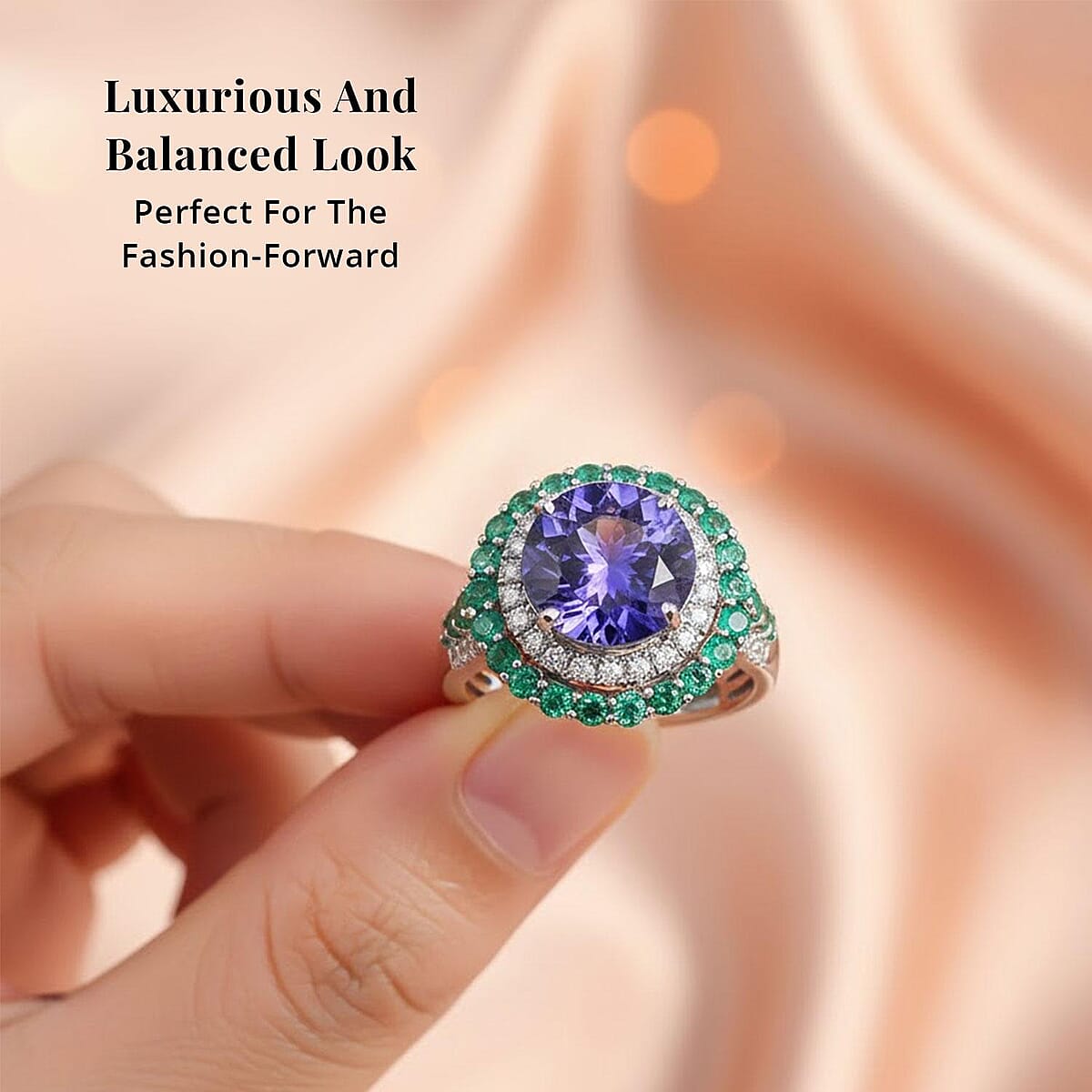 Certified & Appraised Rhapsody AAAA Tanzanite, Boyaca Colombian Emerald and E-F VS Diamond 4.22 ctw Ring in 950 Platinum (Size 9.0) 7.03 Grams image number 5