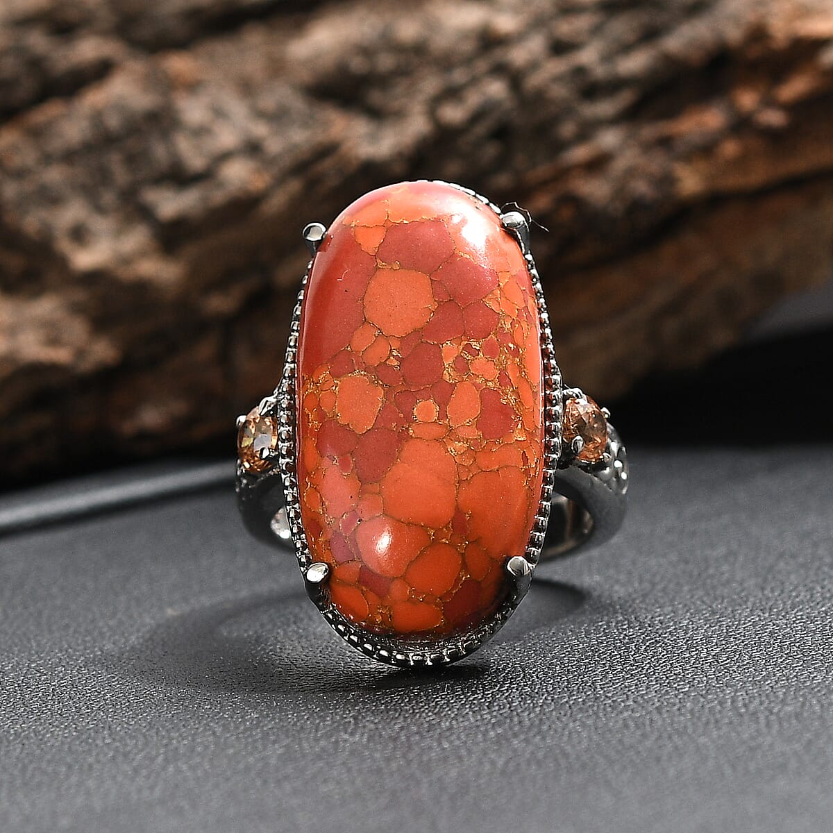 Mojave Orange Turquoise and Simulated Orange Diamond 17.60 ctw Ring in Stainless Steel (Size 6.0) image number 1