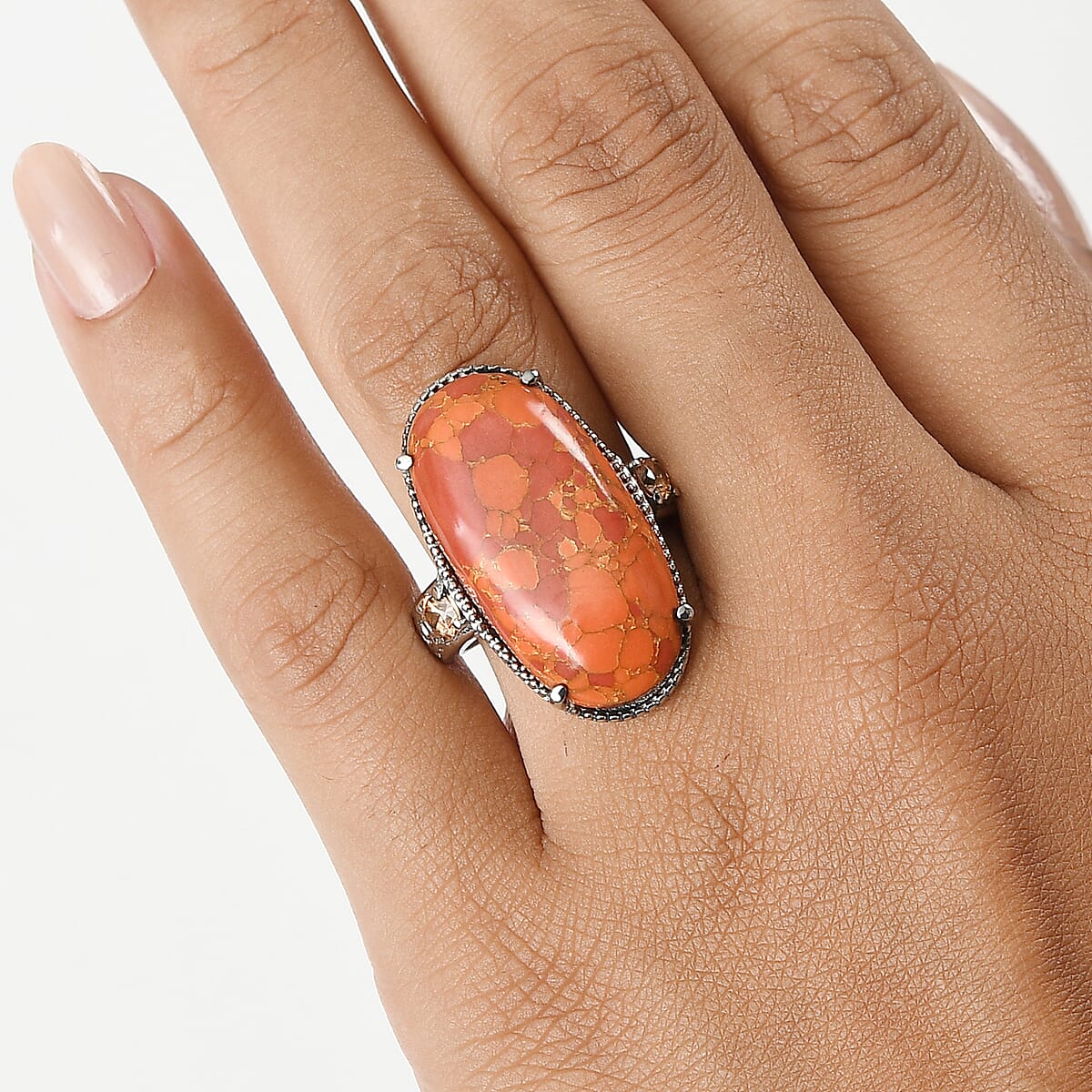 Mojave Orange Turquoise and Simulated Orange Diamond 17.60 ctw Ring in Stainless Steel (Size 6.0) image number 2