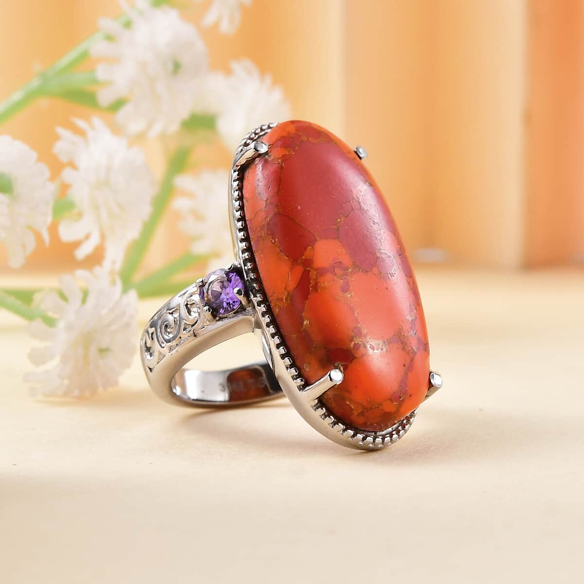 Mojave Orange Turquoise and Simulated Purple Diamond 19.30 ctw Ring in Stainless Steel (Size 7.0) image number 1