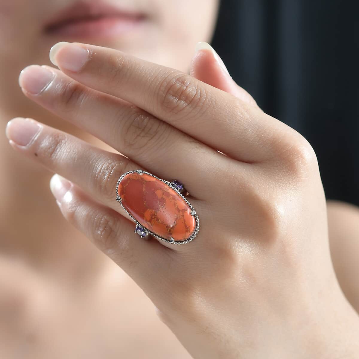 Mojave Orange Turquoise and Simulated Purple Diamond 19.30 ctw Ring in Stainless Steel (Size 7.0) image number 2