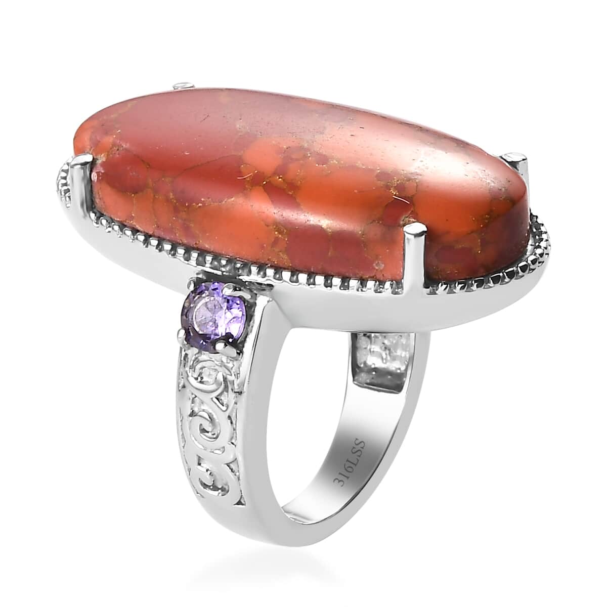 Mojave Orange Turquoise and Simulated Purple Diamond 19.30 ctw Ring in Stainless Steel (Size 7.0) image number 3