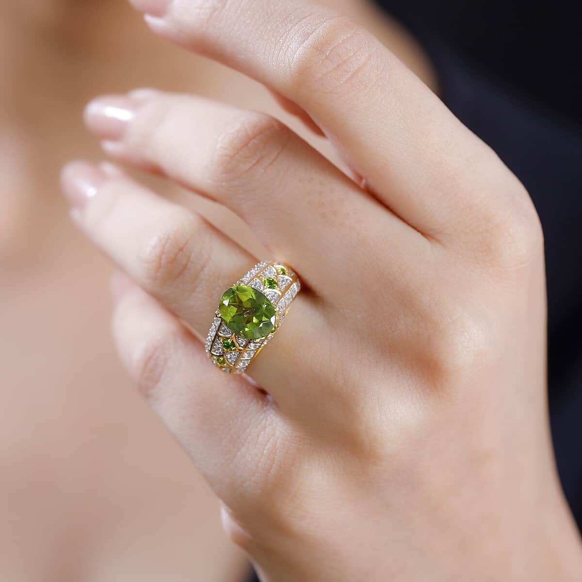 Premium Hebei Peridot and Multi Gemstone 3.30 ctw Vintage Architecture Ring in 18K Vermeil Yellow Gold Over Sterling Silver (Size 5.0) image number 2