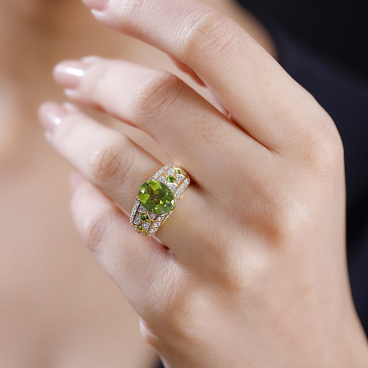Premium Hebei Peridot and Multi Gemstone 3.30 ctw Vintage Architecture Ring in 18K Vermeil Yellow Gold Over Sterling Silver (Size 9.0) image number 2