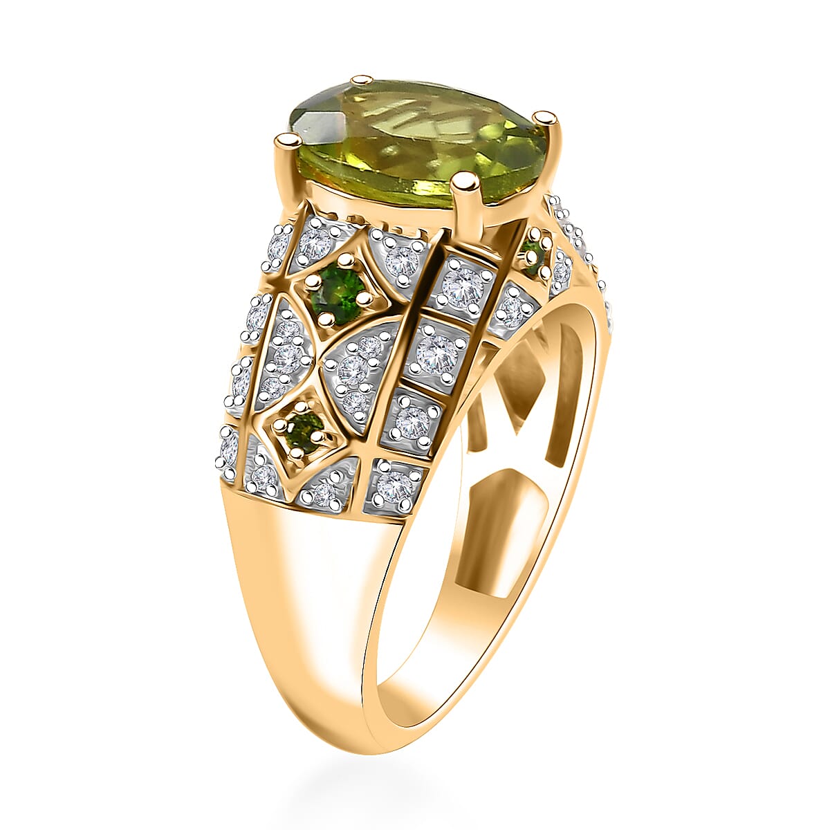 Premium Hebei Peridot and Multi Gemstone 3.30 ctw Vintage Architecture Ring in 18K Vermeil Yellow Gold Over Sterling Silver (Size 9.0) image number 3