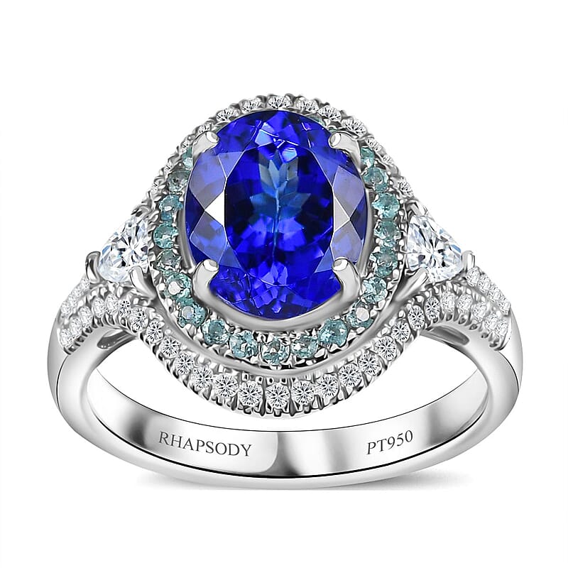 Rhapsody AAAA Tanzanite, Paraiba Tourmaline and E-F VS2 Diamond 3.70 ctw Ring in 950 Platinum (Size 6.0) 8.60 Grams