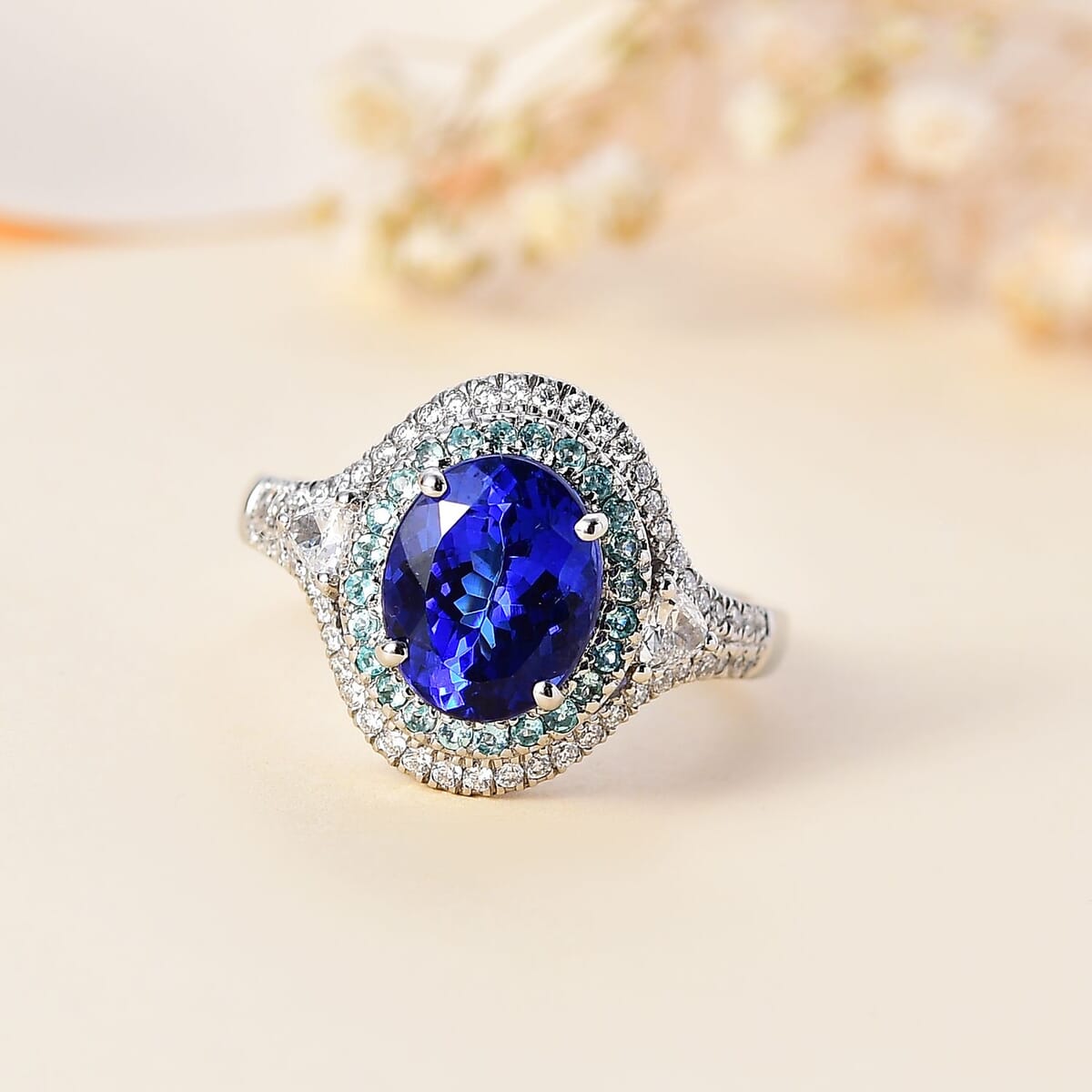 Rhapsody AAAA Tanzanite, Paraiba Tourmaline and E-F VS2 Diamond 3.70 ctw Ring in 950 Platinum (Size 6.0) 8.60 Grams image number 1