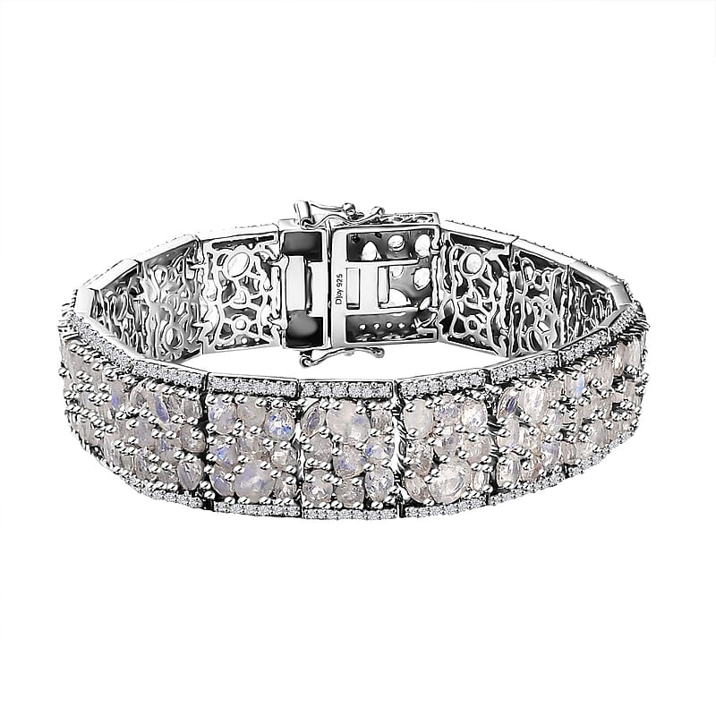 D'Joy Premium Moon Glow Moonstone and White Zircon 29.00 ctw Carpet of Stars Bracelet in Rhodium Over Sterling Silver (7.25 In)