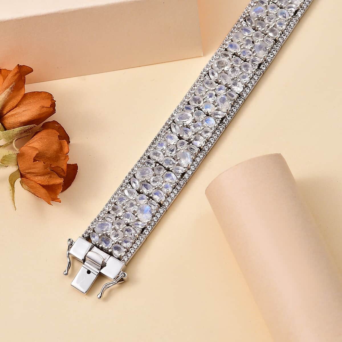 Premium Moon Glow Moonstone and White Zircon 29.00 ctw Carpet of Stars Bracelet in Rhodium Over Sterling Silver (7.25 In) image number 1