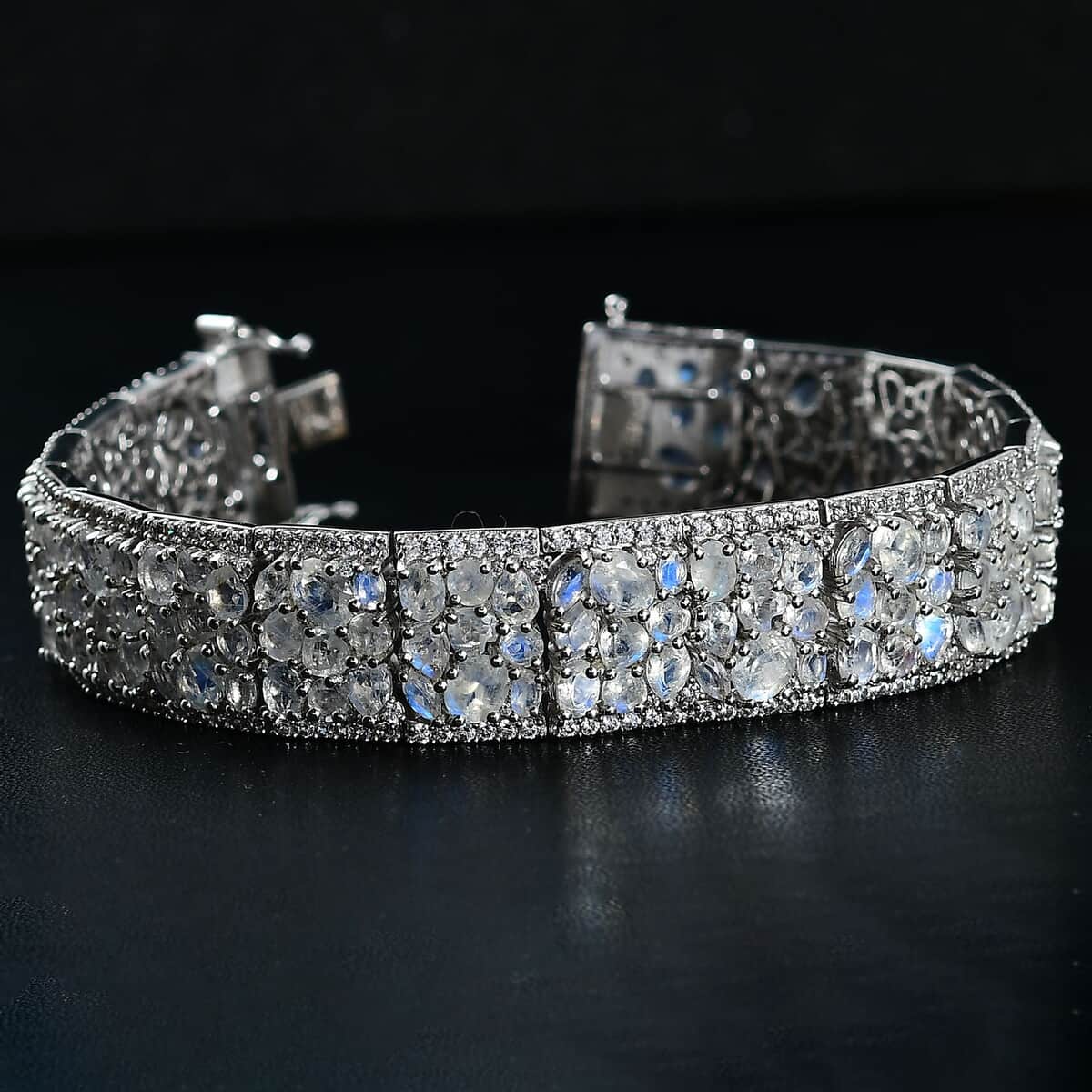 Premium Moon Glow Moonstone and White Zircon 29.00 ctw Carpet of Stars Bracelet in Rhodium Over Sterling Silver (7.25 In) image number 2