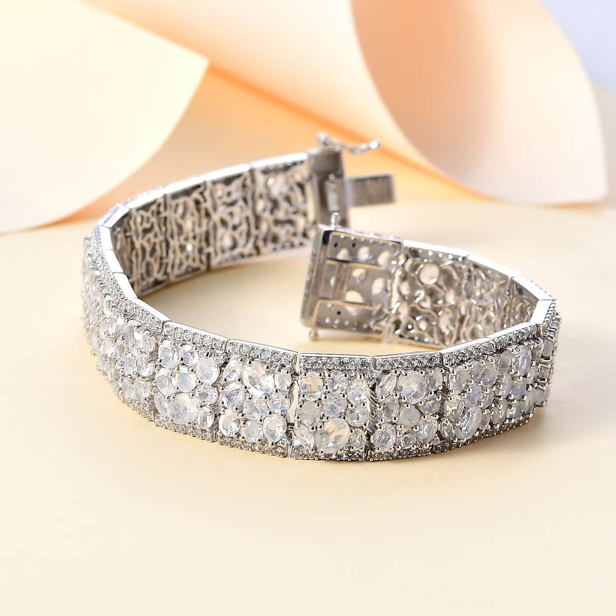 Premium Moon Glow Moonstone and White Zircon 33.00 ctw Carpet of Stars Bracelet in Rhodium Over Sterling Silver (8.00 In) image number 1