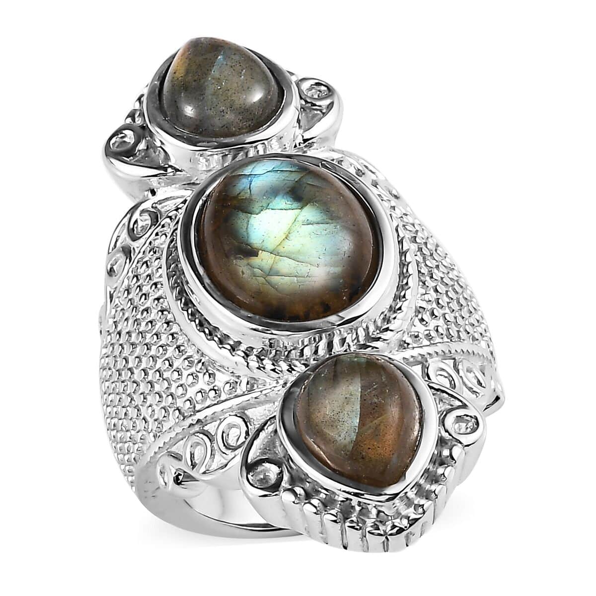 Malagasy Labradorite 10.65 ctw 3 Stone Ring in Stainless Steel (Size 10.0)  image number 0