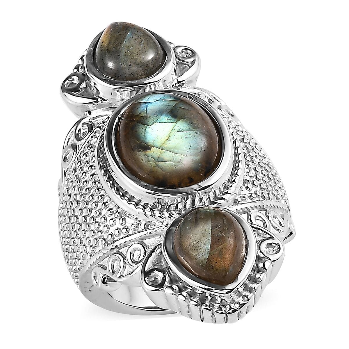 Malagasy Labradorite 10.00 ctw 3 Stone Ring in Stainless Steel (Size 5.0)  image number 0