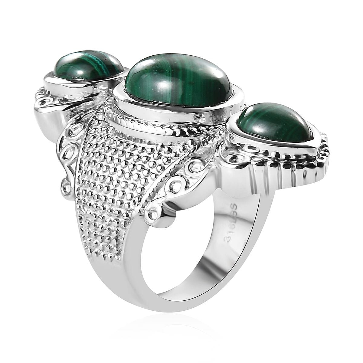 African Malachite 12.30 ctw 3 Stone Ring in Stainless Steel (Size 11.0)  image number 3