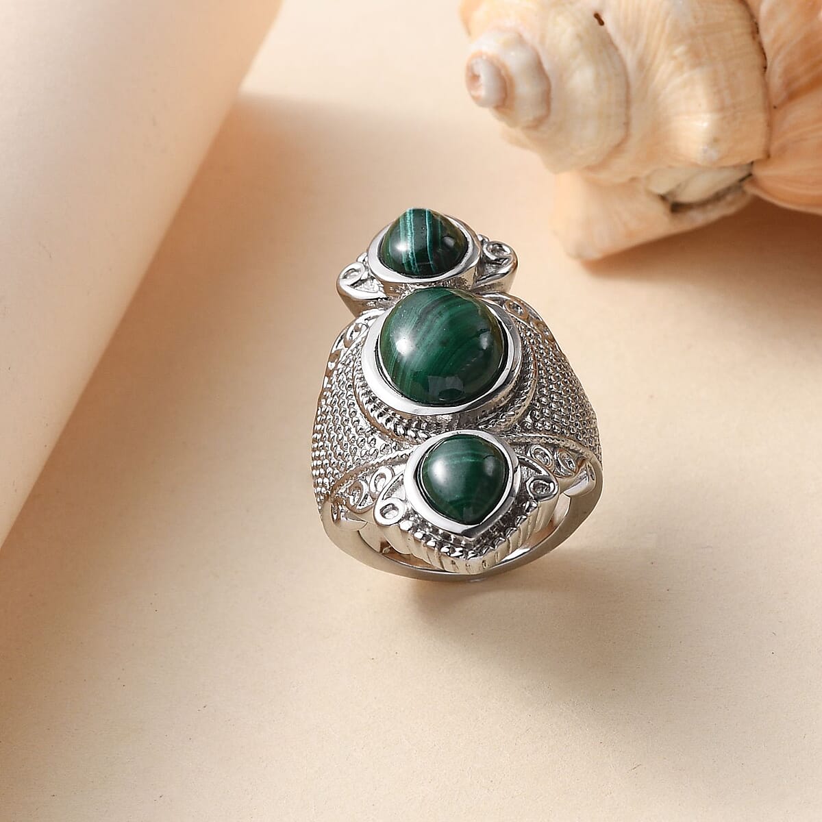 African Malachite 12.30 ctw 3 Stone Ring in Stainless Steel (Size 8.0)  image number 1