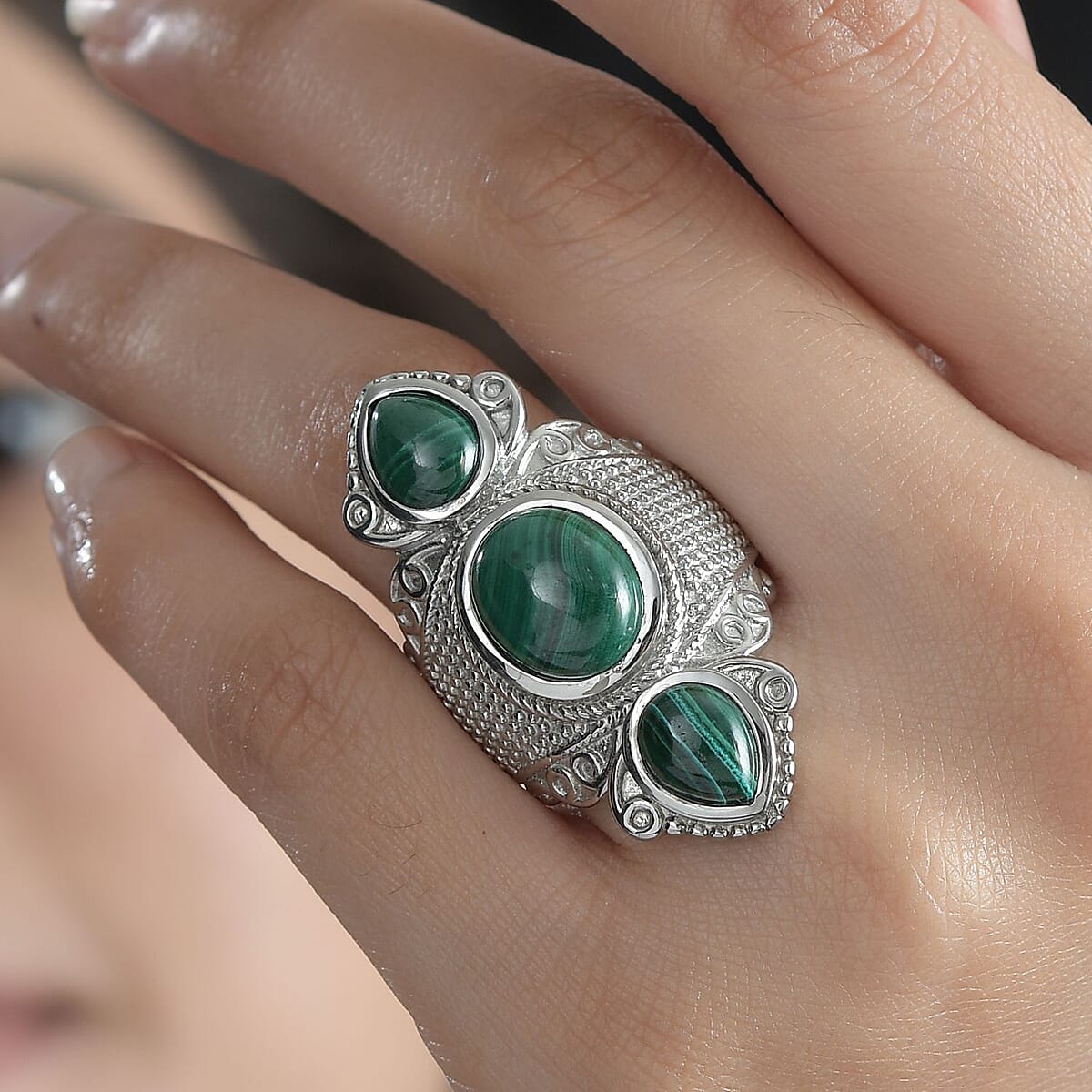 African Malachite 12.30 ctw 3 Stone Ring in Stainless Steel (Size 8.0)  image number 2