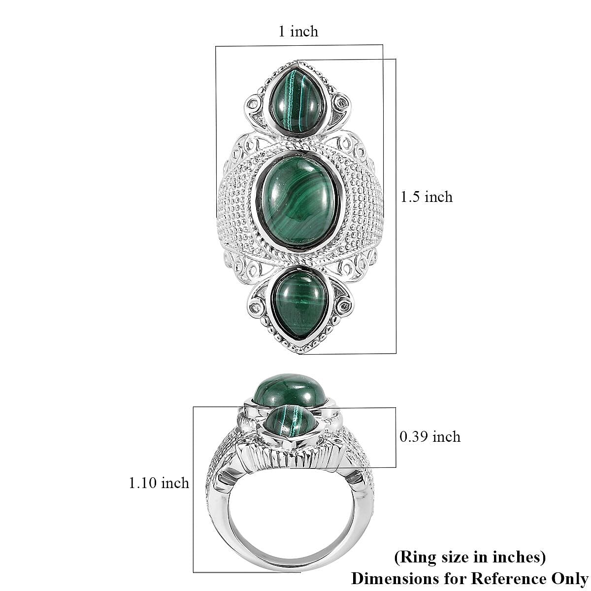 African Malachite 12.30 ctw 3 Stone Ring in Stainless Steel (Size 8.0)  image number 5