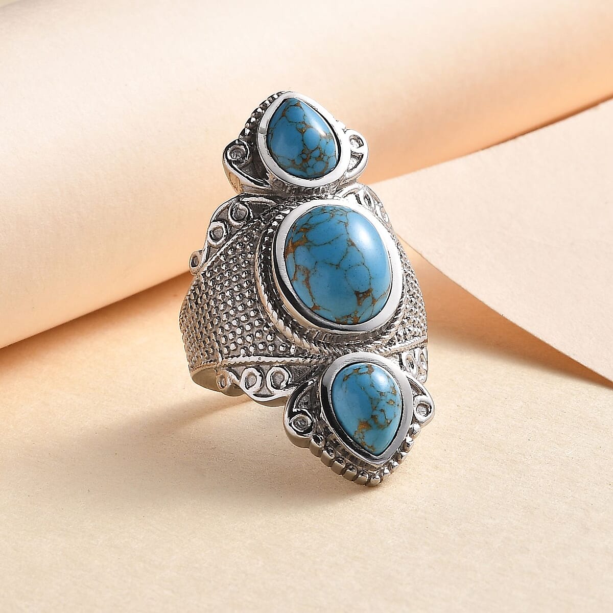 Mojave Blue Turquoise 7.90 ctw 3 Stone Ring in Stainless Steel (Size 6.0)  image number 1