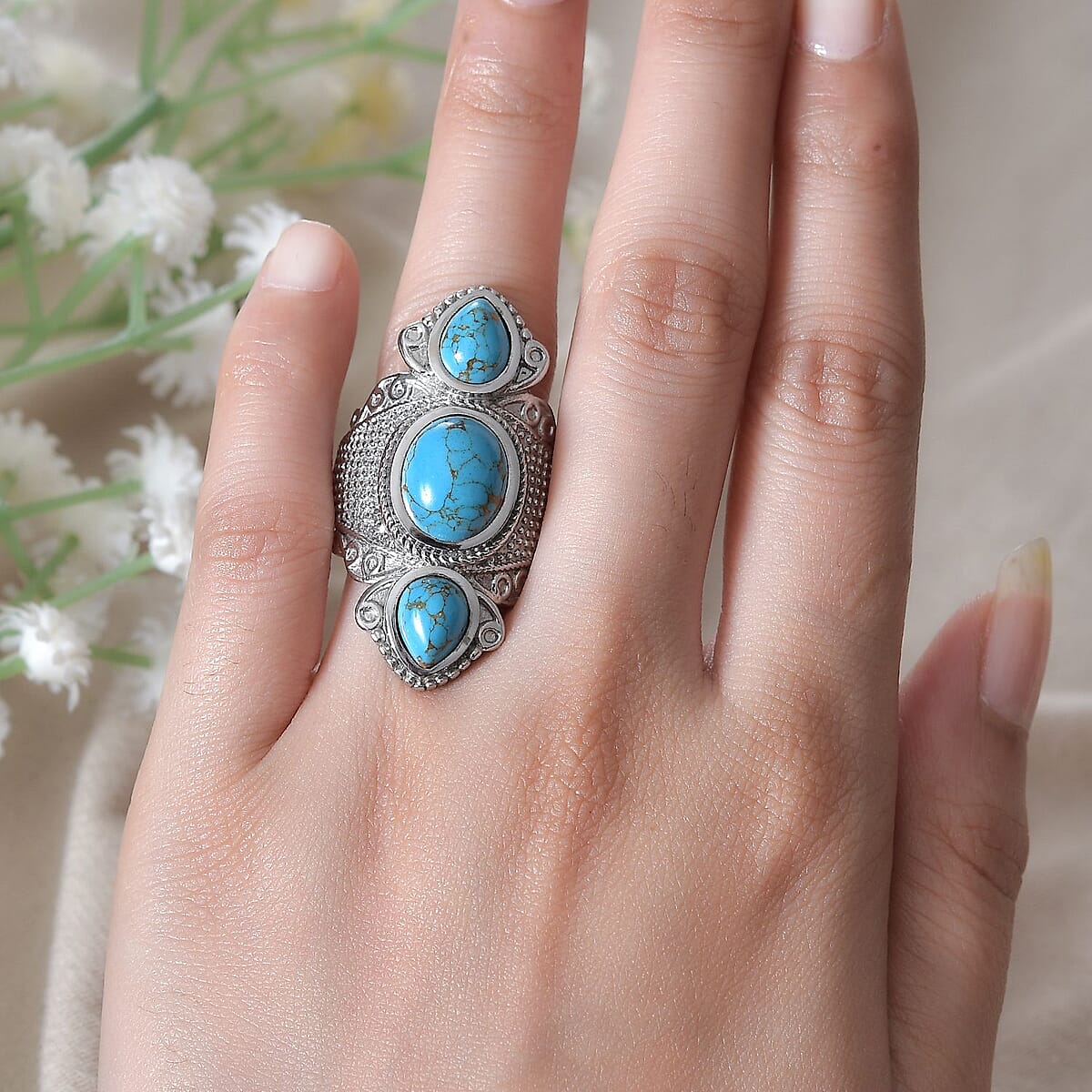 Mojave Blue Turquoise 7.90 ctw 3 Stone Ring in Stainless Steel (Size 7.0)  image number 2