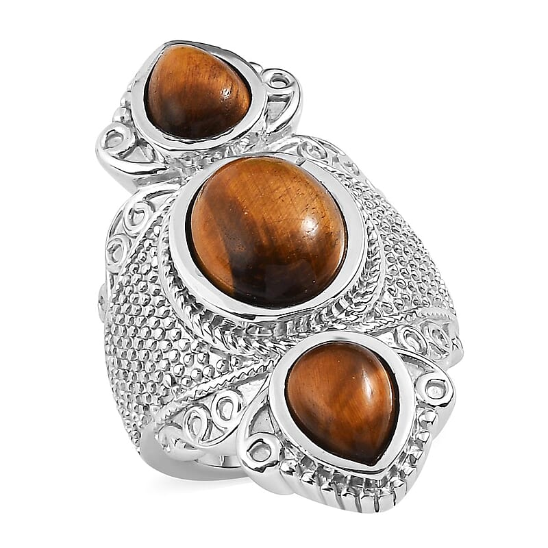 Tiger's Eye 9.85 ctw 3 Stone Ring in Stainless Steel (Size 6.0) 
