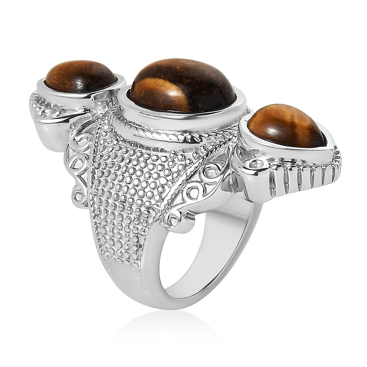 Tiger's Eye 9.85 ctw 3 Stone Ring in Stainless Steel (Size 6.0) 