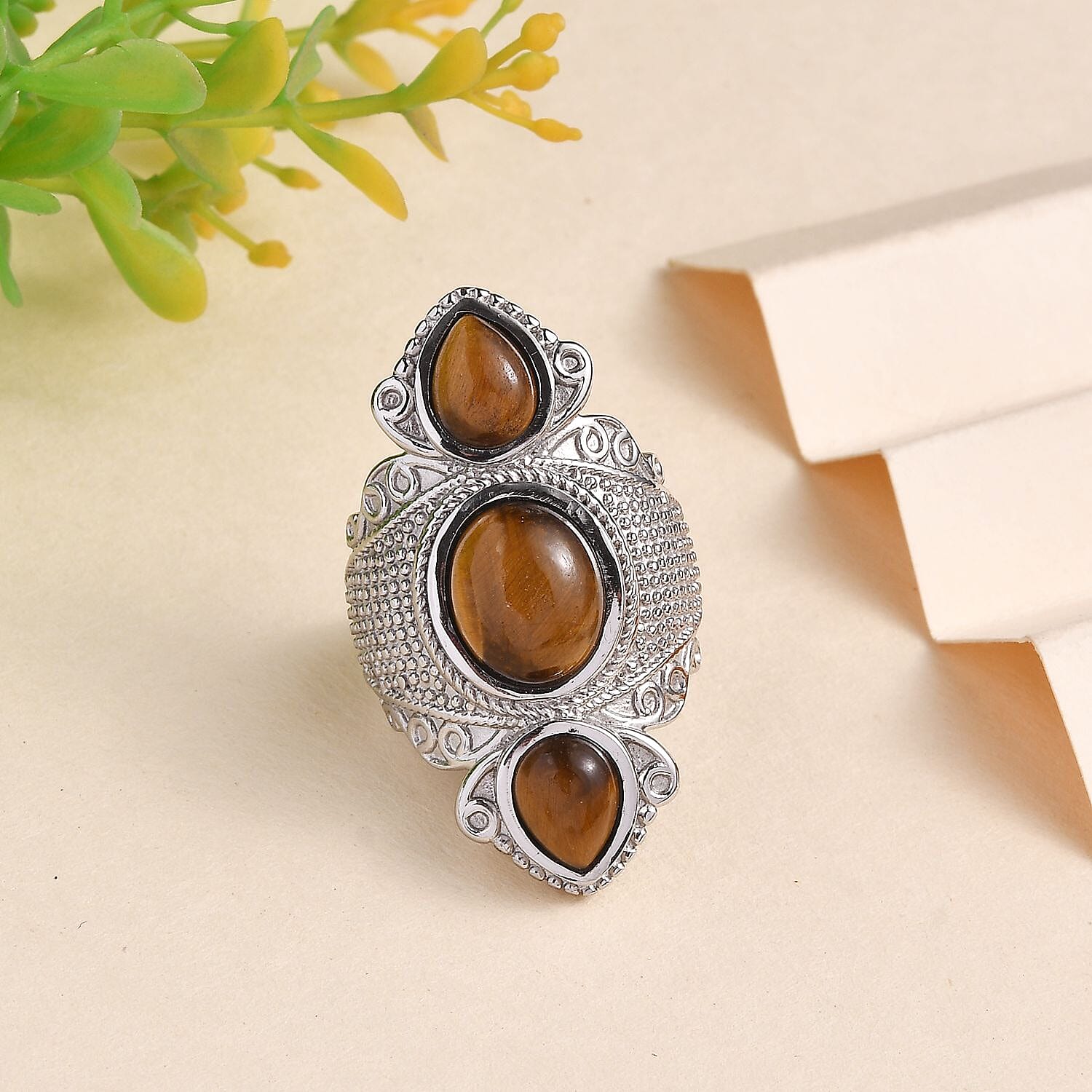 Tiger's Eye 9.85 ctw 3 Stone Ring in Stainless Steel (Size 7.0) 