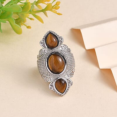 Tiger's Eye 9.85 ctw 3 Stone Ring in Stainless Steel (Size 7.0) 