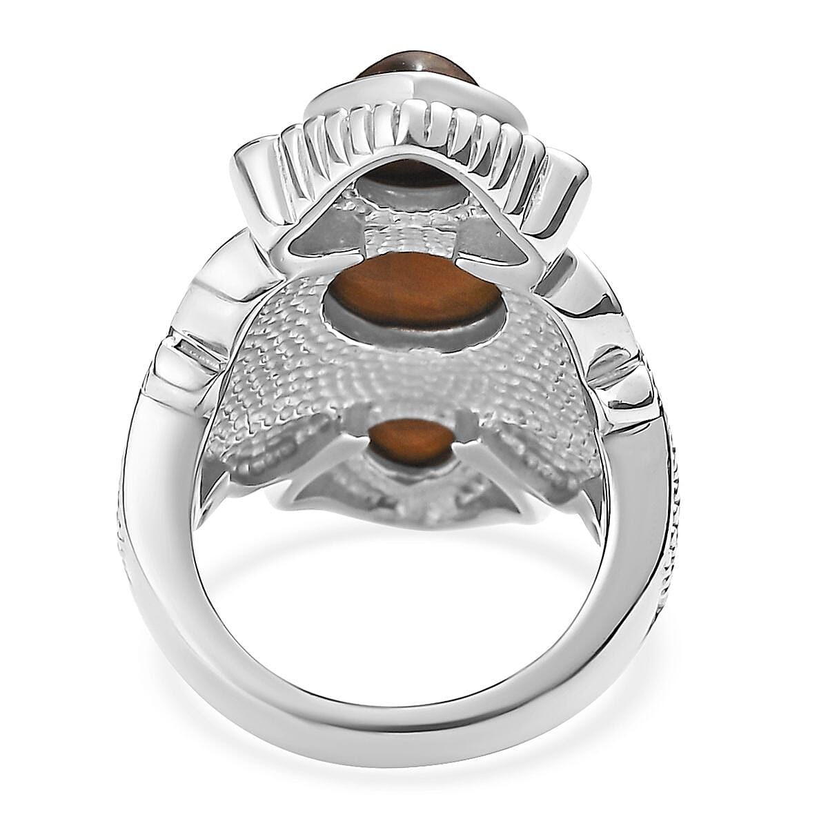 Tiger's Eye 9.85 ctw 3 Stone Ring in Stainless Steel (Size 7.0) 