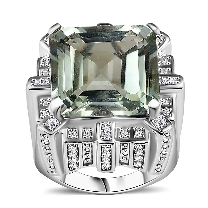 GP Royal Art Deco Collection Montezuma Prasiolite and White Zircon 18.15 ctw Ring in Rhodium Over Sterling Silver (Size 10.0) 