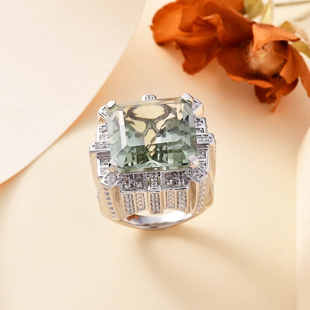 GP Royal Art Deco Collection Montezuma Prasiolite, White Zircon Ring in Rhodium Over Sterling Silver (Size 10.0) 18.15 ctw image number 1