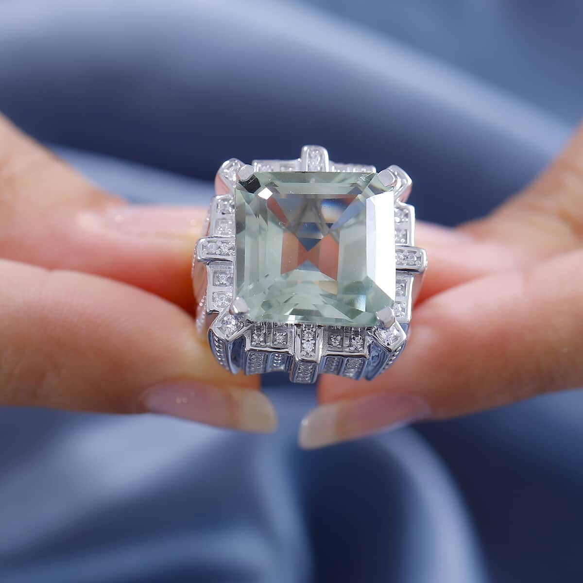 GP Royal Art Deco Collection Montezuma Prasiolite, White Zircon Ring in Rhodium Over Sterling Silver (Size 10.0) 18.15 ctw image number 2