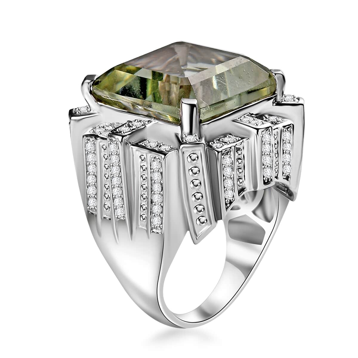 GP Royal Art Deco Collection Montezuma Prasiolite, White Zircon Ring in Rhodium Over Sterling Silver (Size 10.0) 18.15 ctw image number 3