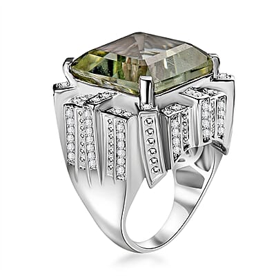 GP Royal Art Deco Collection Montezuma Prasiolite and White Zircon 18.15 ctw Ring in Rhodium Over Sterling Silver (Size 10.0) 