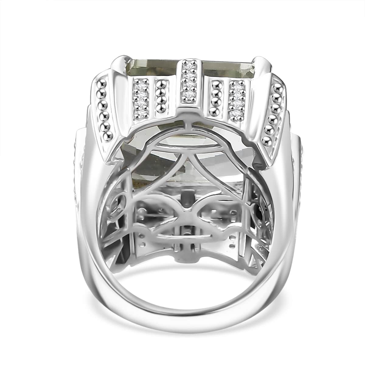 GP Royal Art Deco Collection Montezuma Prasiolite, White Zircon Ring in Rhodium Over Sterling Silver (Size 10.0) 18.15 ctw image number 4