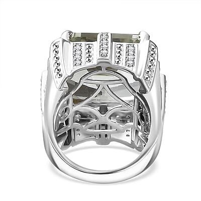 GP Royal Art Deco Collection Montezuma Prasiolite and White Zircon 18.15 ctw Ring in Rhodium Over Sterling Silver (Size 10.0) 