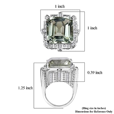 GP Royal Art Deco Collection Montezuma Prasiolite and White Zircon 18.15 ctw Ring in Rhodium Over Sterling Silver (Size 10.0) 