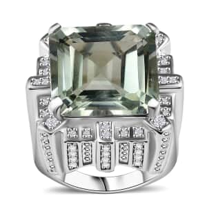 GP Royal Art Deco Collection Montezuma Prasiolite and White Zircon 18.15 ctw Ring in Rhodium Over Sterling Silver (Size 7.0) 