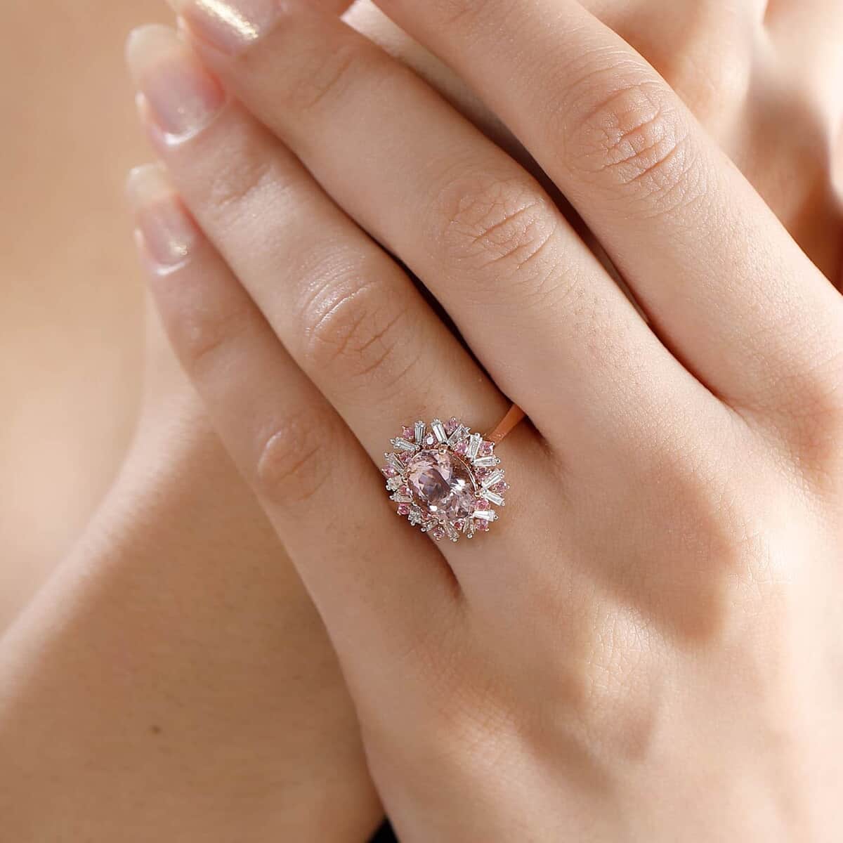 Iliana AAA Pink Morganite, Mahenge Spinel and G-H SI Diamond 2.50 ctw Ring in 18K Rose Gold (Size 6.0) 4.70 Grams image number 2