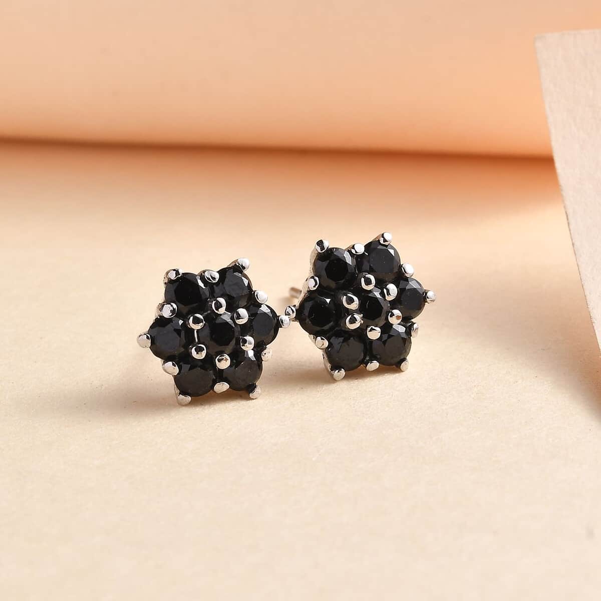 Thai Black Spinel 2.20 ctw Floral Stud Earrings in Stainless Steel image number 1