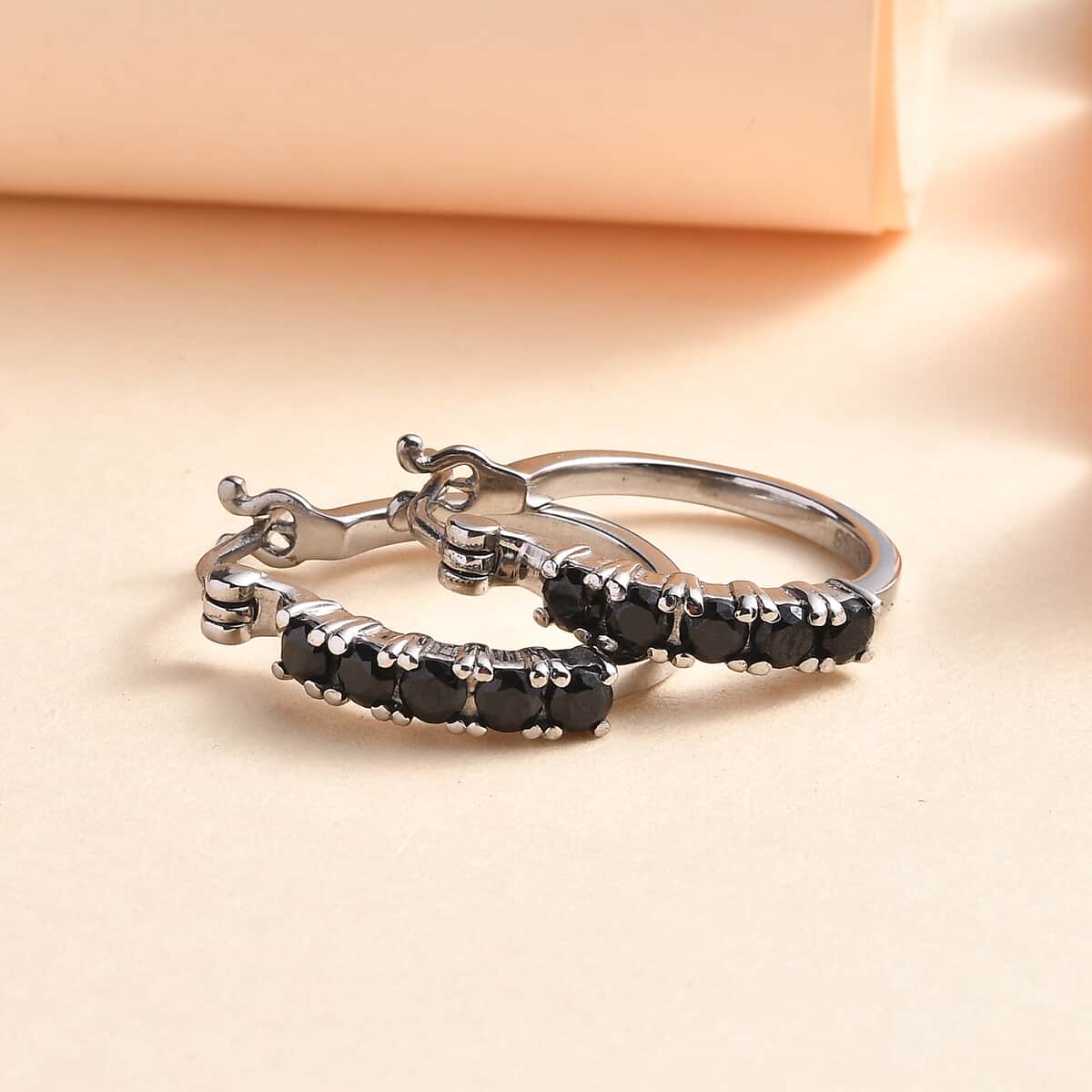 Thai Black Spinel 1.50 ctw Hoop Earrings in Stainless Steel  image number 1