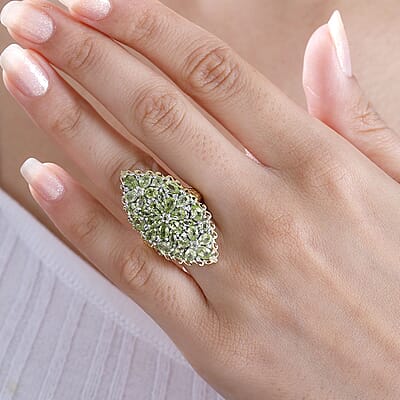 Hebei Peridot and White Zircon 5.60 ctw Bunch of Flower Ring in 18K Vermeil YG and Rhodium Over Sterling Silver (Size 10.0)