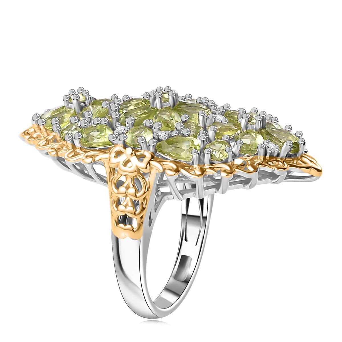 Hebei Peridot and White Zircon 5.60 ctw Bunch of Flower Ring in 18K Vermeil YG and Rhodium Over Sterling Silver (Size 10.0) image number 3