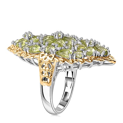 Hebei Peridot and White Zircon 5.60 ctw Bunch of Flower Ring in 18K Vermeil YG and Rhodium Over Sterling Silver (Size 10.0)