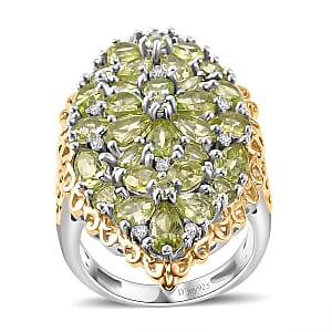 Hebei Peridot and White Zircon 5.60 ctw Bunch of Flower Ring in 18K Vermeil YG and Rhodium Over Sterling Silver (Size 8.0)