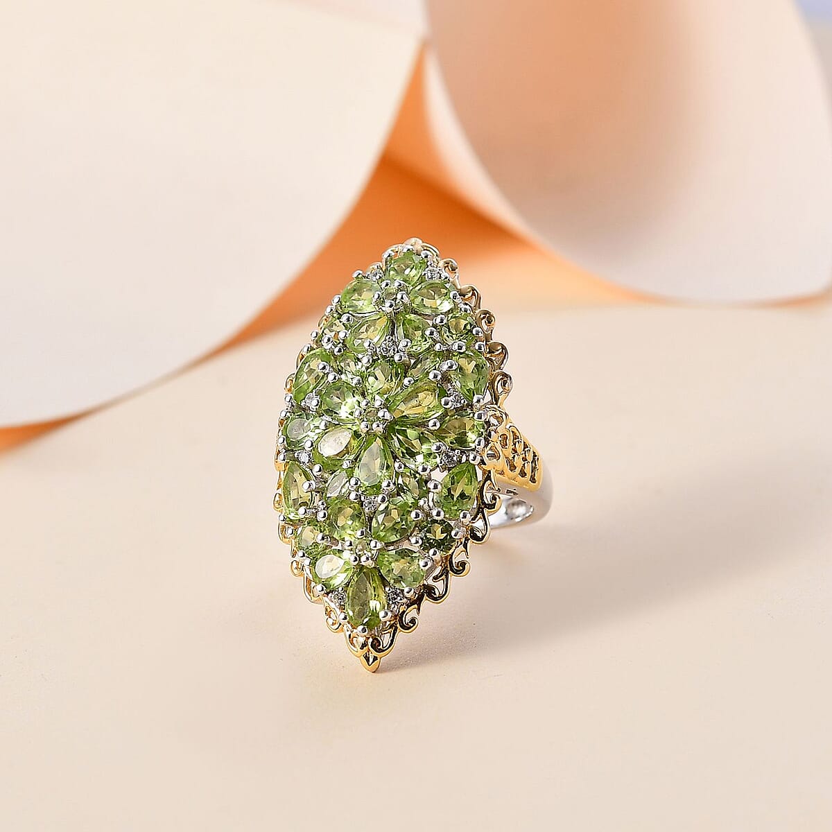 Hebei Peridot and White Zircon 5.60 ctw Bunch of Flower Ring in 18K Vermeil YG and Rhodium Over Sterling Silver (Size 8.0) image number 1