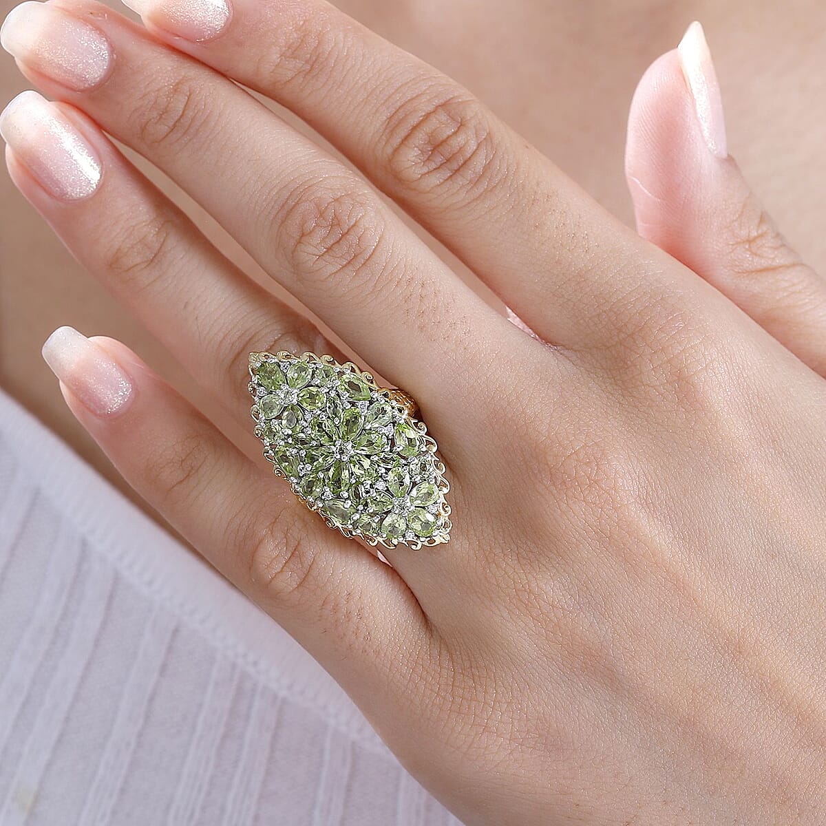 Hebei Peridot and White Zircon 5.60 ctw Bunch of Flower Ring in 18K Vermeil YG and Rhodium Over Sterling Silver (Size 8.0) image number 2
