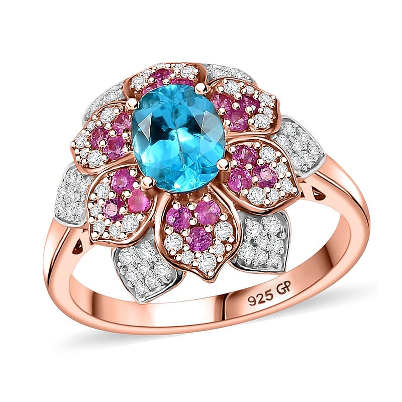 GP Italian Garden Collection Betroka Blue Apatite and Multi Gemstone 2.75 ctw Flower Ring in 18K Vermeil Rose Gold Over Sterling Silver (Size 10.0)