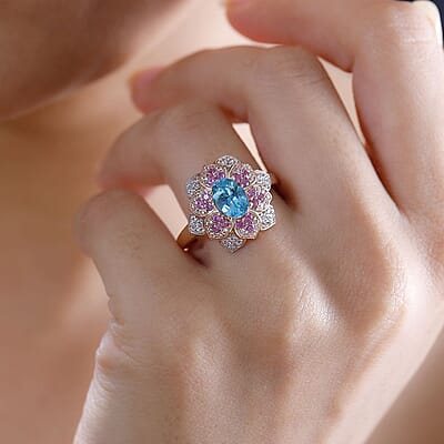 GP Italian Garden Collection Betroka Blue Apatite and Multi Gemstone 2.75 ctw Flower Ring in 18K Vermeil Rose Gold Over Sterling Silver (Size 10.0)