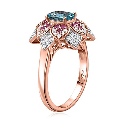 GP Italian Garden Collection Betroka Blue Apatite and Multi Gemstone 2.75 ctw Flower Ring in 18K Vermeil Rose Gold Over Sterling Silver (Size 10.0)