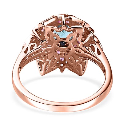 GP Italian Garden Collection Betroka Blue Apatite and Multi Gemstone 2.75 ctw Flower Ring in 18K Vermeil Rose Gold Over Sterling Silver (Size 10.0)